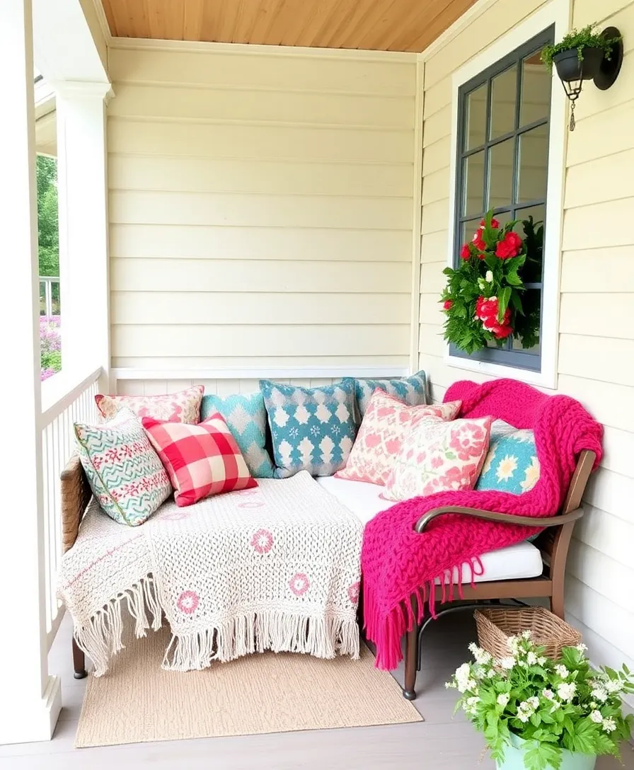 22 Small Porch Decorating Ideas That'll Make You Want to Spend All Day Outside! - 12. Eclectic Pillows and Throws