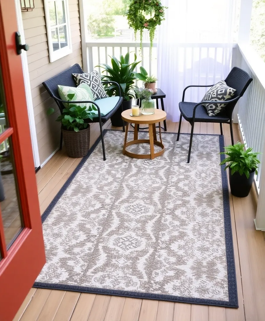 22 Small Porch Decorating Ideas That'll Make You Want to Spend All Day Outside! - 4. Outdoor Rug Comfort