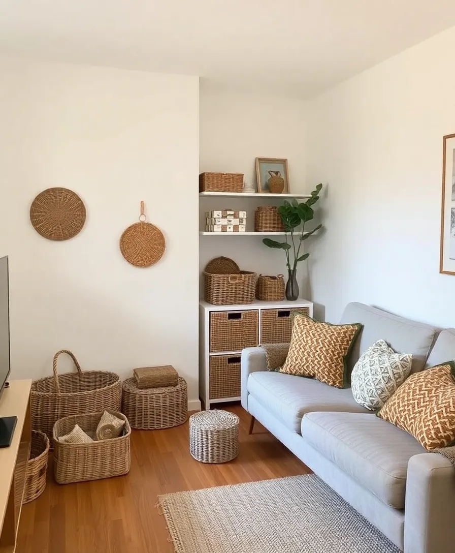 21 Minimalist Small Living Room Decor Hacks to Maximize Your Tiny Space (You'll Love #9!) - 13. Use Decorative Baskets for Storage