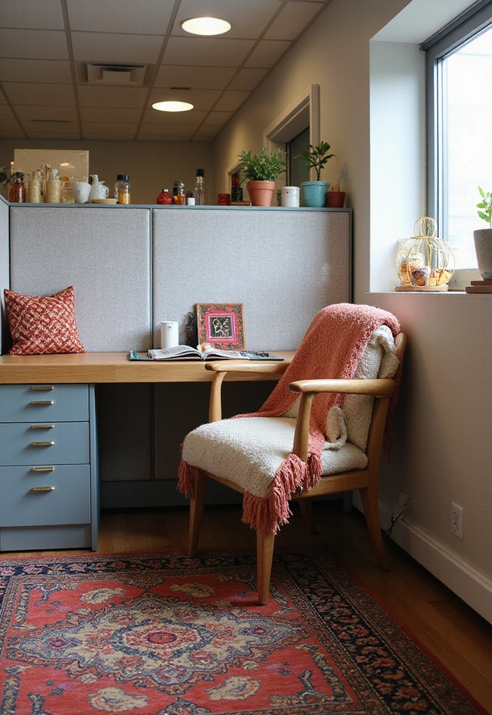 21 Cubicle Decor Ideas That'll Transform Your Workspace into a Productivity Paradise! - 9. Cozy Textiles and Rugs