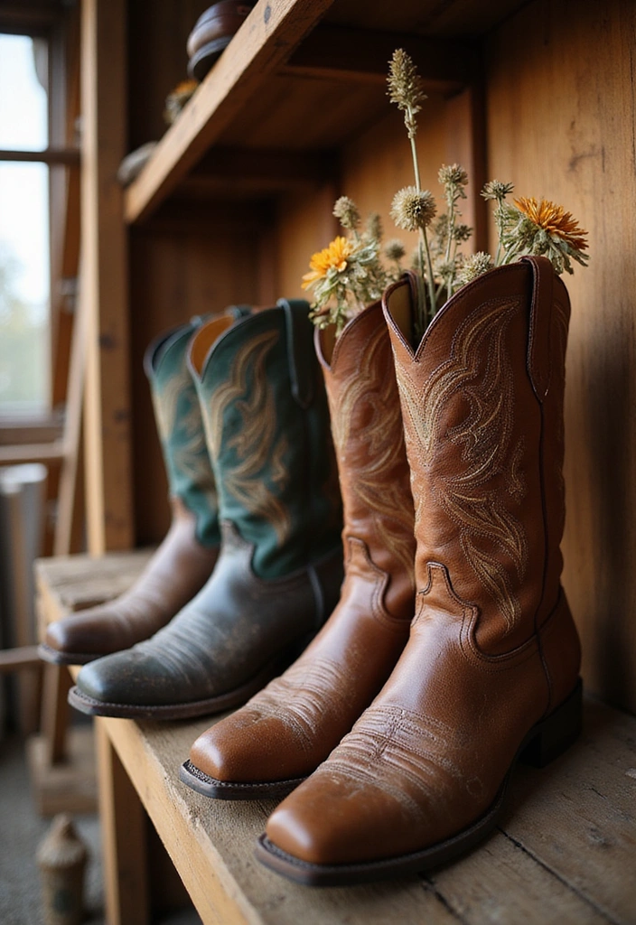 21 Western Bedroom Decor Ideas That'll Make You Feel Like a True Cowboy (You Won't Believe #7!) - 6. Vintage Cowboy Boots