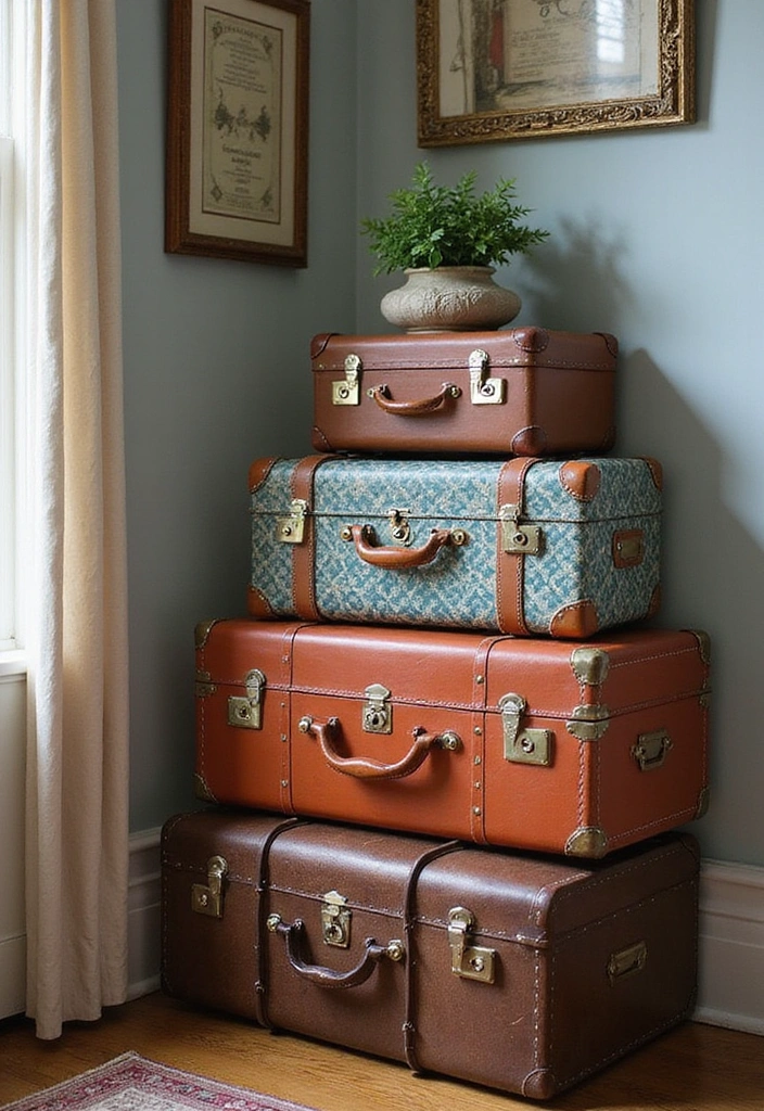 21 Hippie Room Decor Ideas That Will Transform Your Space into a Bohemian Paradise! - 14. Vintage Suitcases as Decor