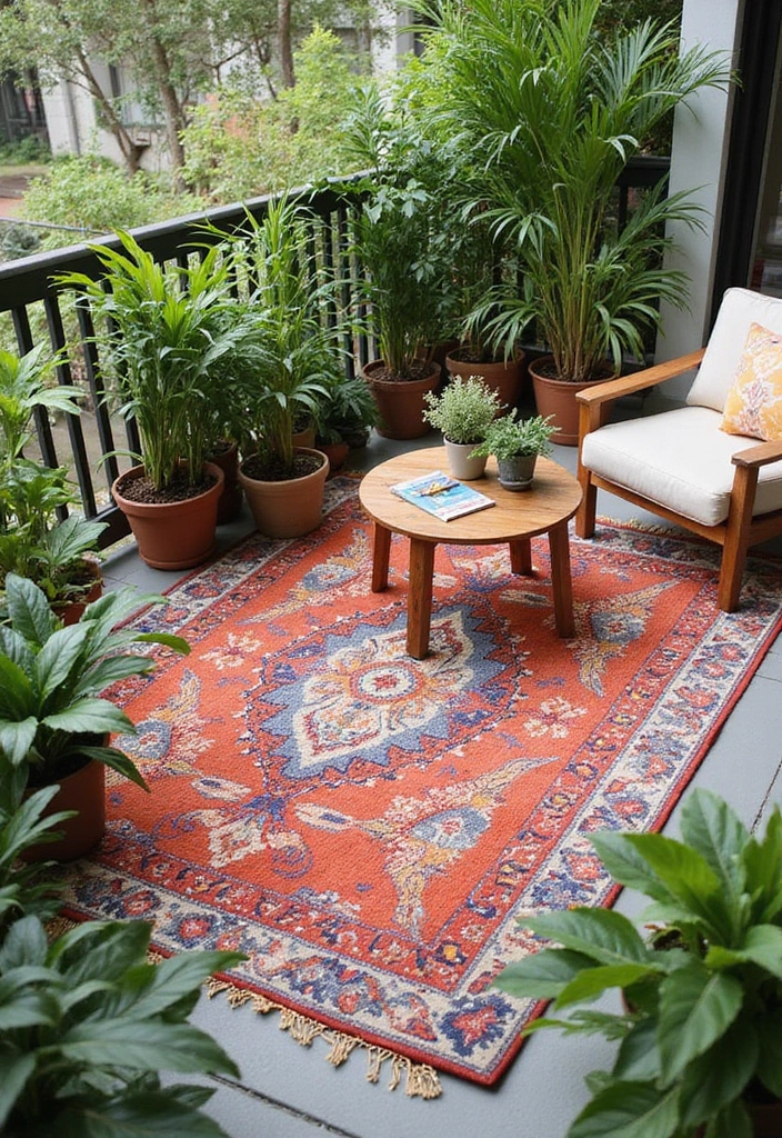 21 Stunning Apartment Balcony Decorating Ideas That Will Transform Your Outdoor Space! - 5. Colorful Outdoor Rug
