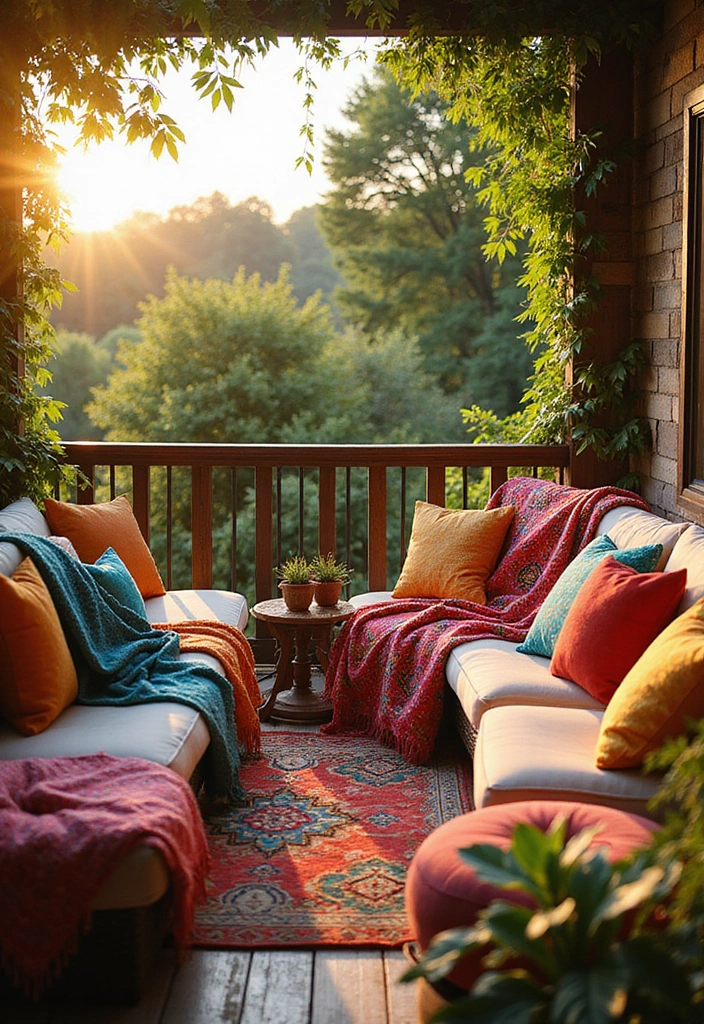 21 Stunning Apartment Balcony Decorating Ideas That Will Transform Your Outdoor Space! - 14. Vibrant Throws and Pillows