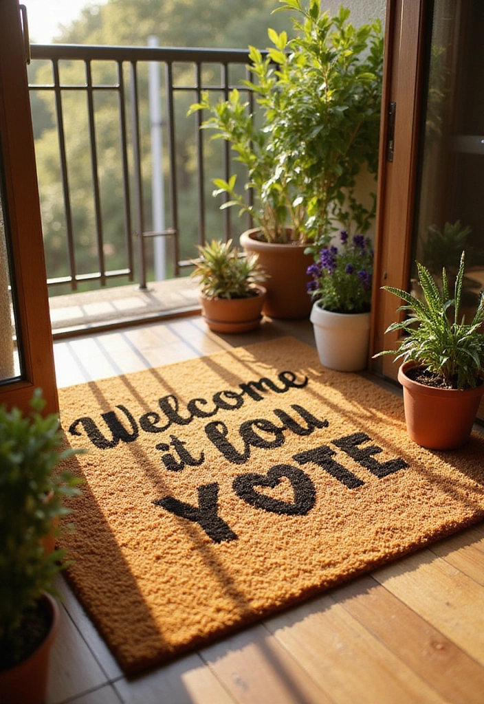 21 Stunning Apartment Balcony Decorating Ideas That Will Transform Your Outdoor Space! - 16. Personalized Welcome Mat